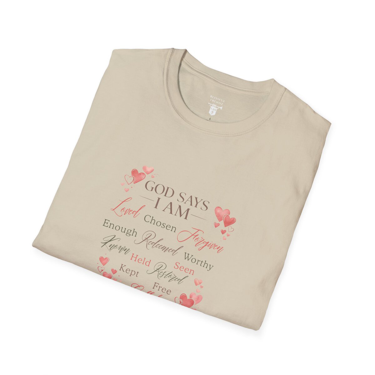 God Says I AM Word Cloud - Heart Motif - Unisex Softstyle T-Shirt - Image 15