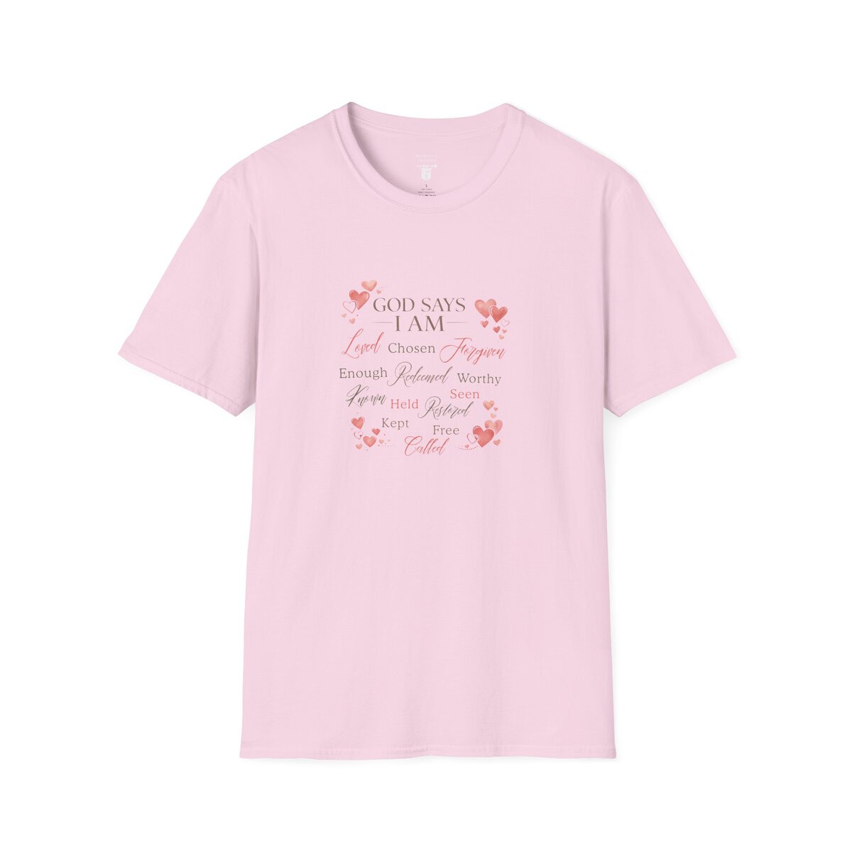 God Says I AM Word Cloud - Heart Motif - Unisex Softstyle T-Shirt - Image 40