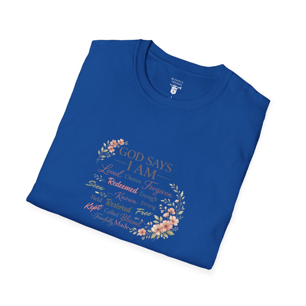 God Says I AM Word Cloud - Floral Motif - Unisex Softstyle T-Shirt - Image 18
