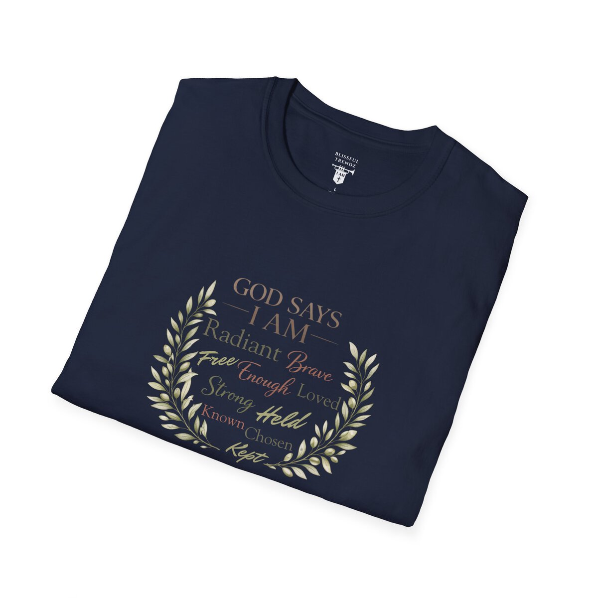 God Says I AM Word Cloud - Olive Branch Motif - Unisex Softstyle T-Shirt - Image 3