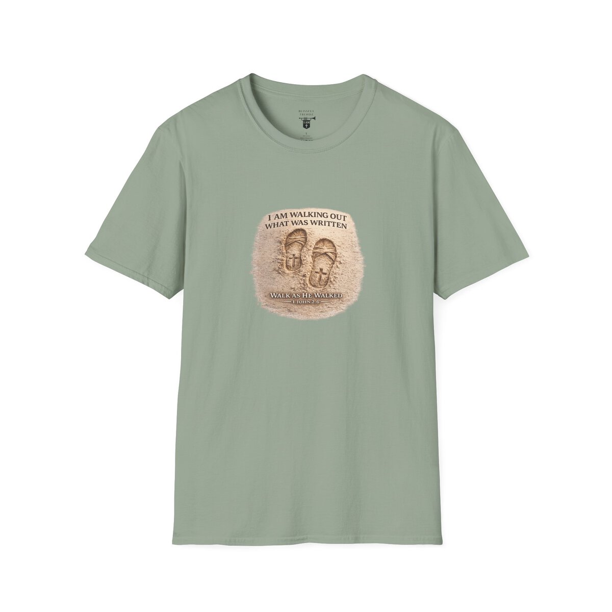 I AM WALKING OUT WHAT WAS WRITTEN - WALK AS HE WALKED - 1 JOHN 2:6 - IMPRINT OF SANDALS W/CROSS - MNCHRM - Unisex Softstyle T-Shirt - Image 19