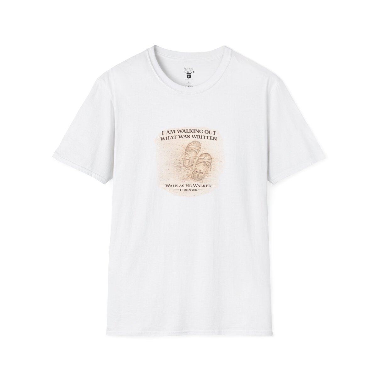 I AM WALKING OUT WHAT WAS WRITTEN - WALK AS HE WALKED - 1 JOHN 2:6 - IMPRINT OF SANDALS W/CROSS - WHT WSHD - Unisex Softstyle T-Shirt - Image 4