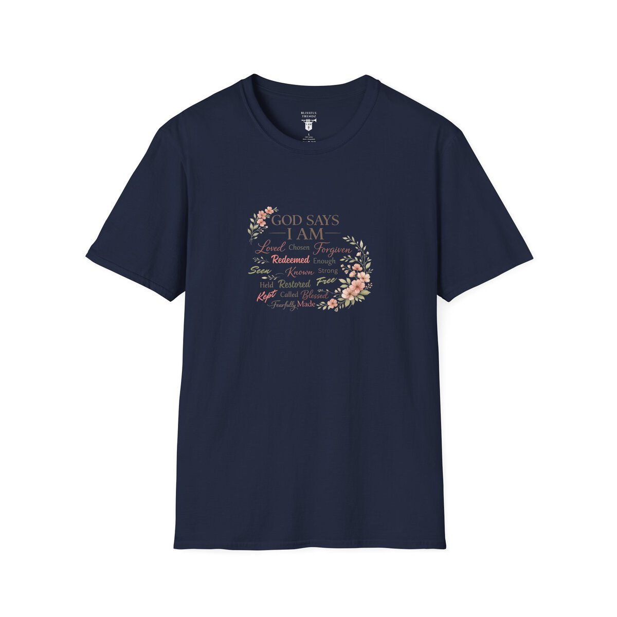 God Says I AM Word Cloud - Floral Motif - Unisex Softstyle T-Shirt - Image 25