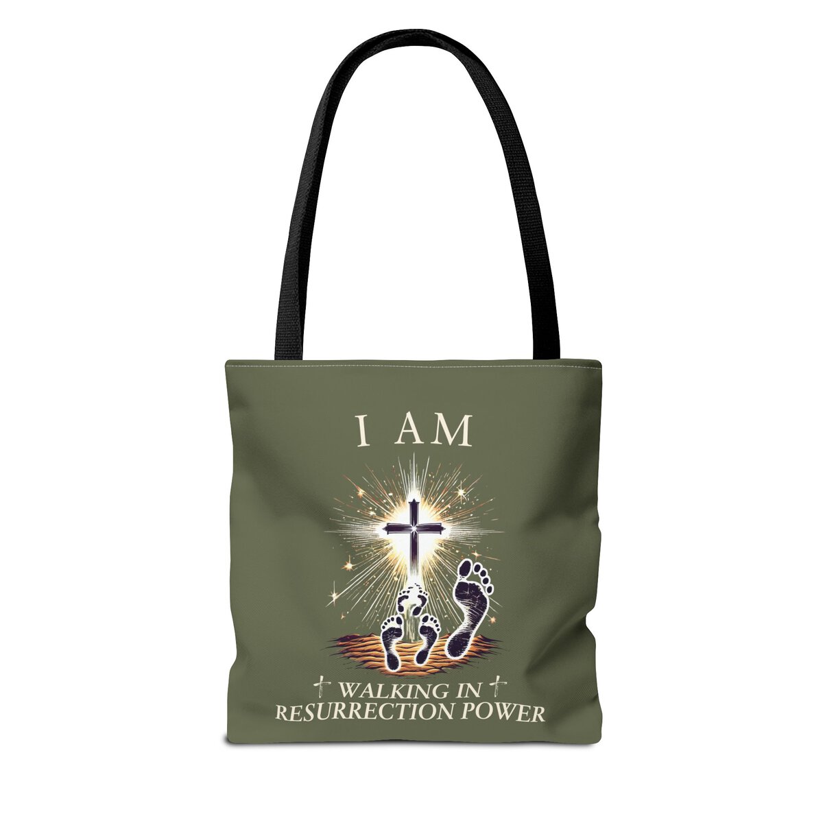 I AM Walking In Resurrection Power - Footprints - MLT GRN - Tote Bag (AOP) - Image 4