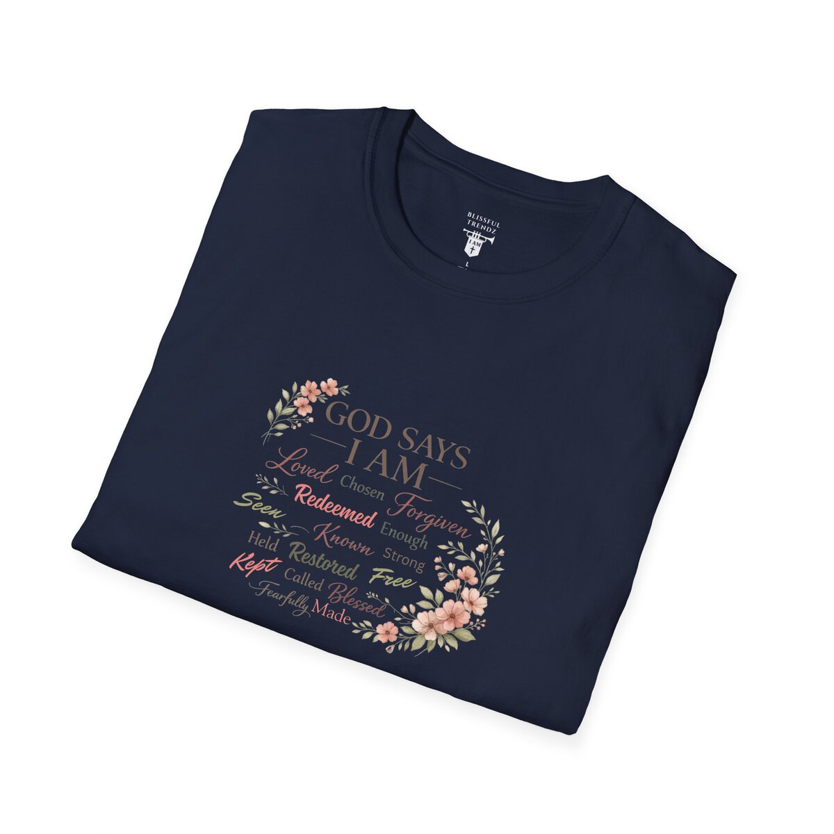 God Says I AM Word Cloud - Floral Motif - Unisex Softstyle T-Shirt - Image 27