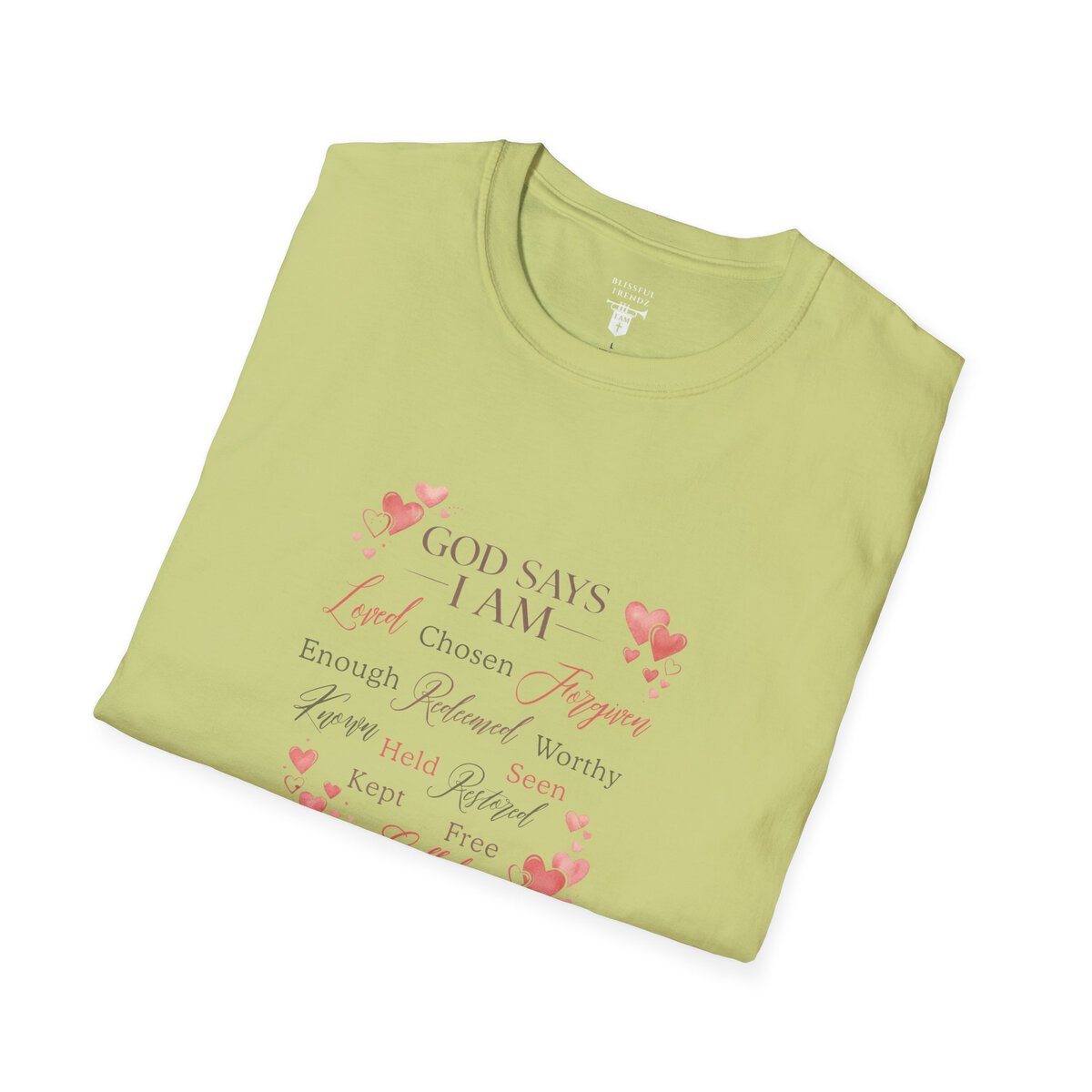 God Says I AM Word Cloud - Heart Motif - Unisex Softstyle T-Shirt - Image 21