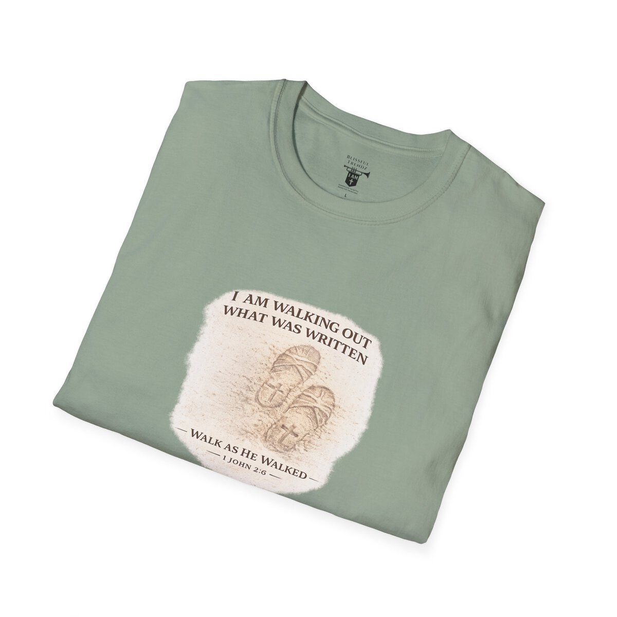 I AM WALKING OUT WHAT WAS WRITTEN - WALK AS HE WALKED - 1 JOHN 2:6 - IMPRINT OF SANDALS W/CROSS - WHT WSHD - Unisex Softstyle T-Shirt - Image 27