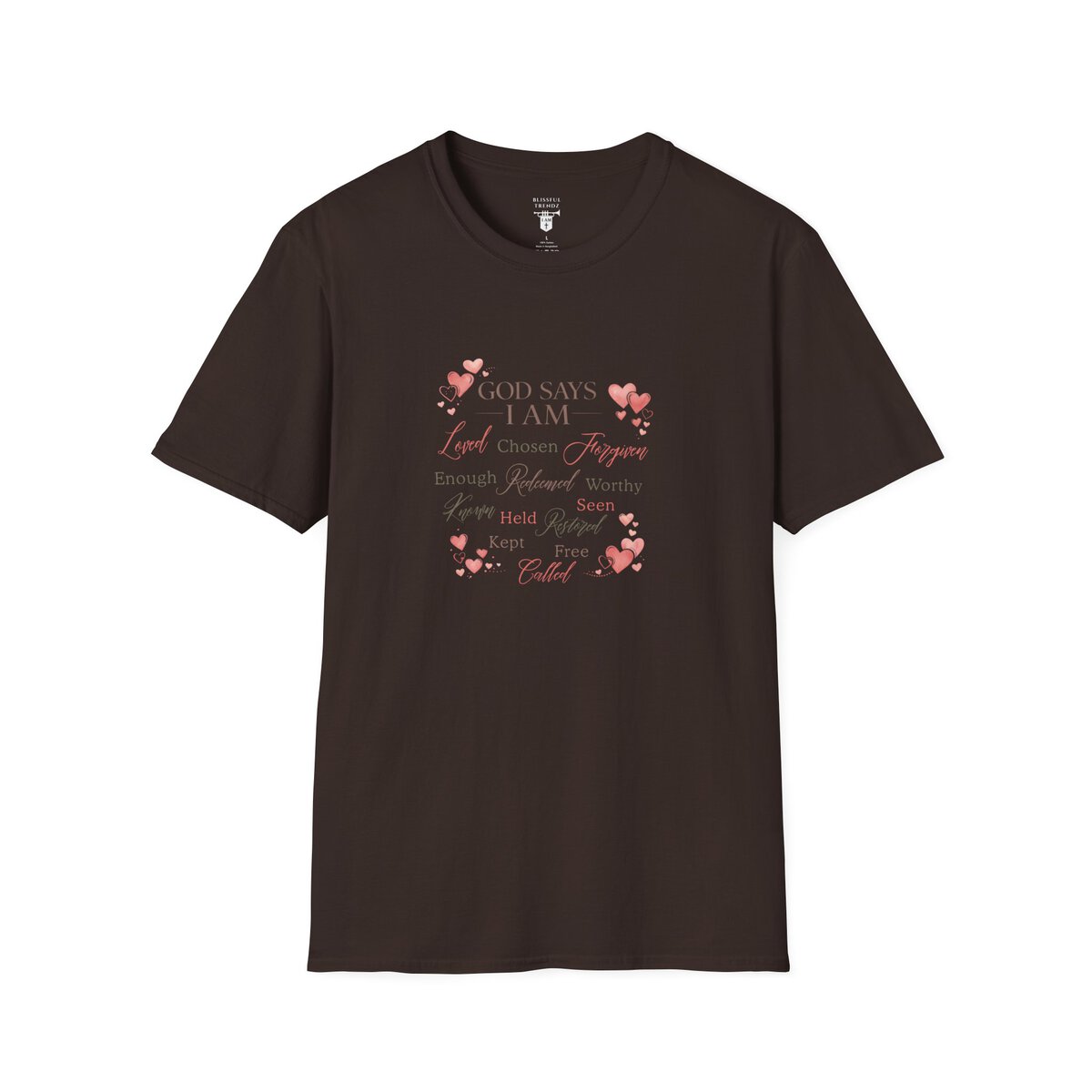 God Says I AM Word Cloud - Heart Motif - Unisex Softstyle T-Shirt - Image 16