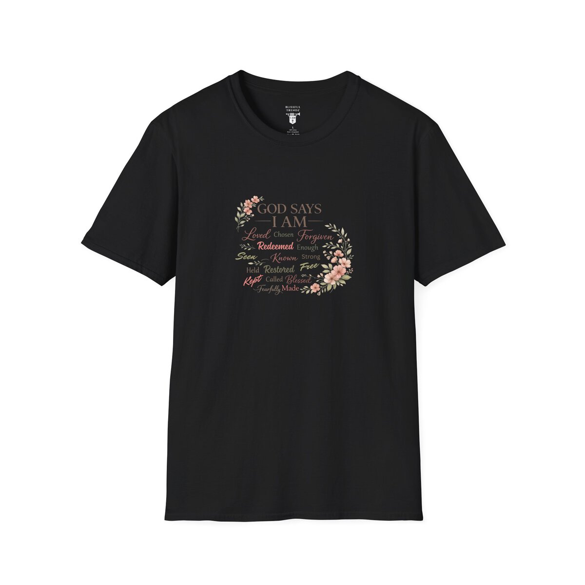 God Says I AM Word Cloud - Floral Motif - Unisex Softstyle T-Shirt - Image 7