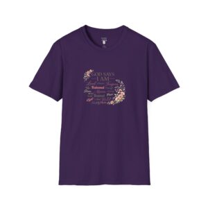 God Says I AM Word Cloud - Floral Motif - Unisex Softstyle T-Shirt