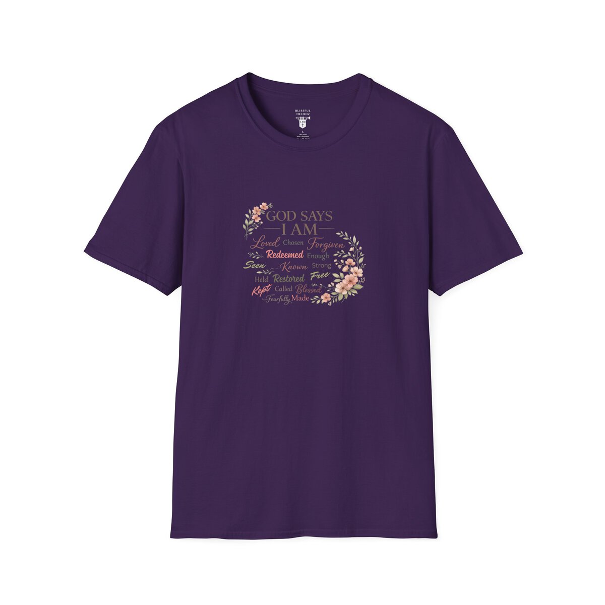 God Says I AM Word Cloud - Floral Motif - Unisex Softstyle T-Shirt