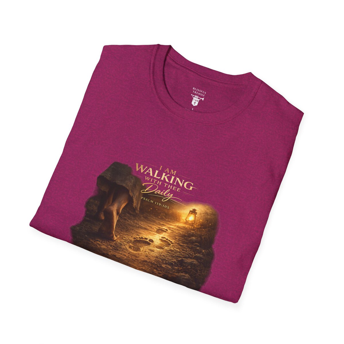 I AM WALKING WITH THEE DAILY - PSALM 119:105 - FOOTPRINTS - Unisex Softstyle T-Shirt - Image 15
