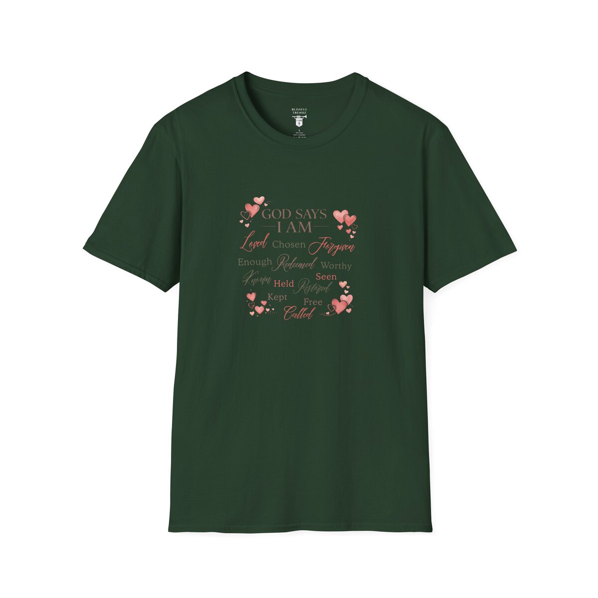 God Says I AM Word Cloud - Heart Motif - Unisex Softstyle T-Shirt - Image 25