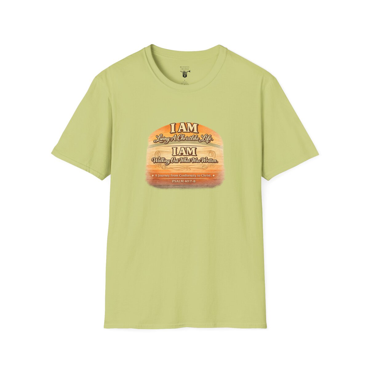 I AM Living A Christlike Life. I AM Walking Out What Was Written. A Journey From Conformity to Christ. - PSALM 40:7-8 - Scroll - Retro Sunset Grad - Unisex Softstyle T-Shirt - Image 22