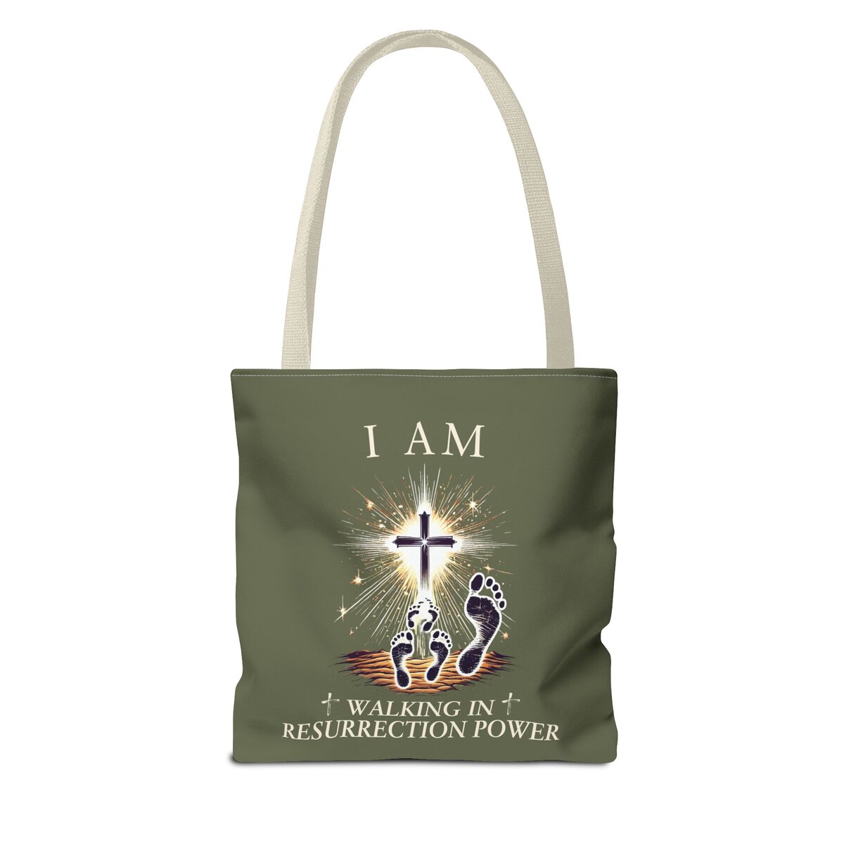 I AM Walking In Resurrection Power - Footprints - MLT GRN - Tote Bag (AOP) - Image 2