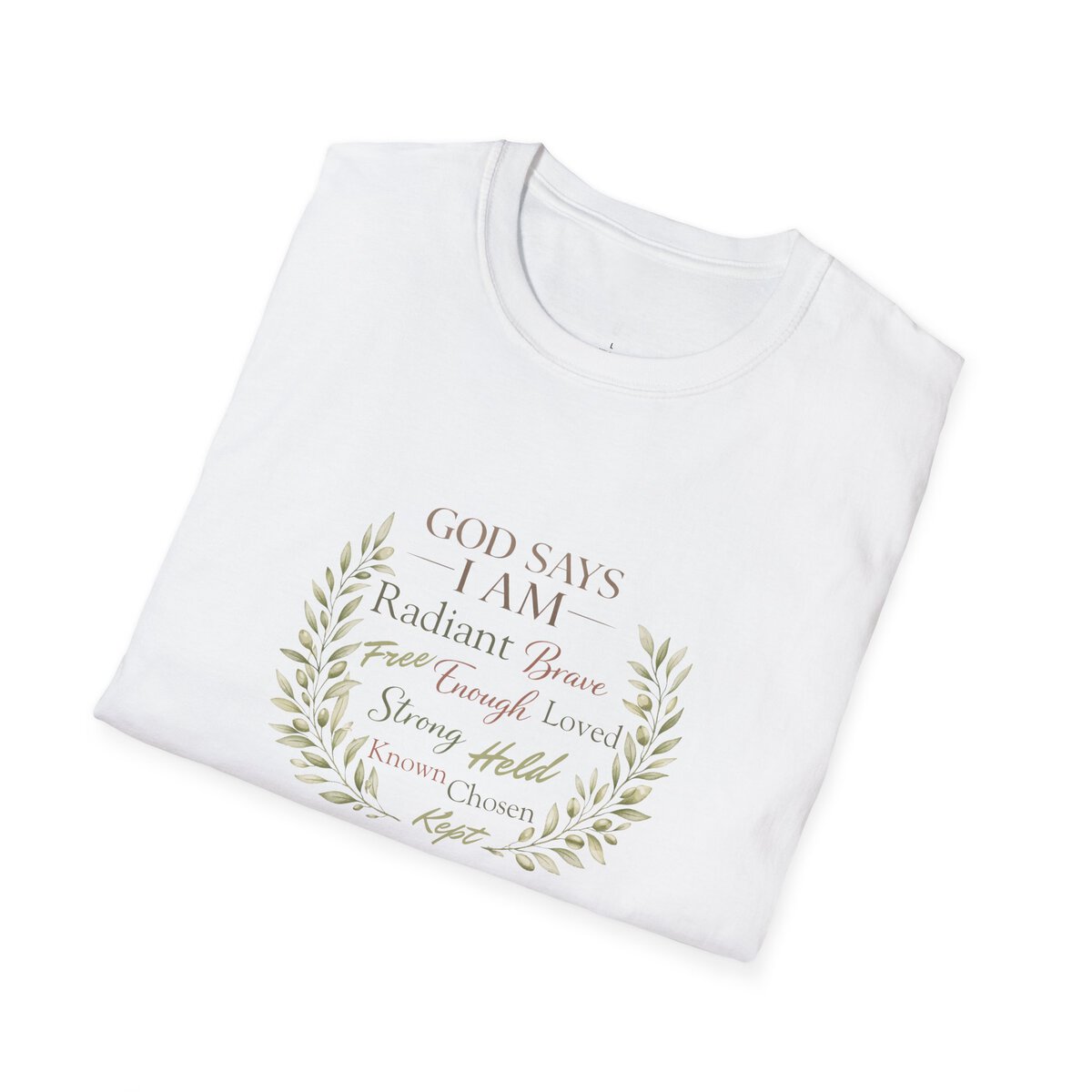 God Says I AM Word Cloud - Olive Branch Motif - Unisex Softstyle T-Shirt - Image 6