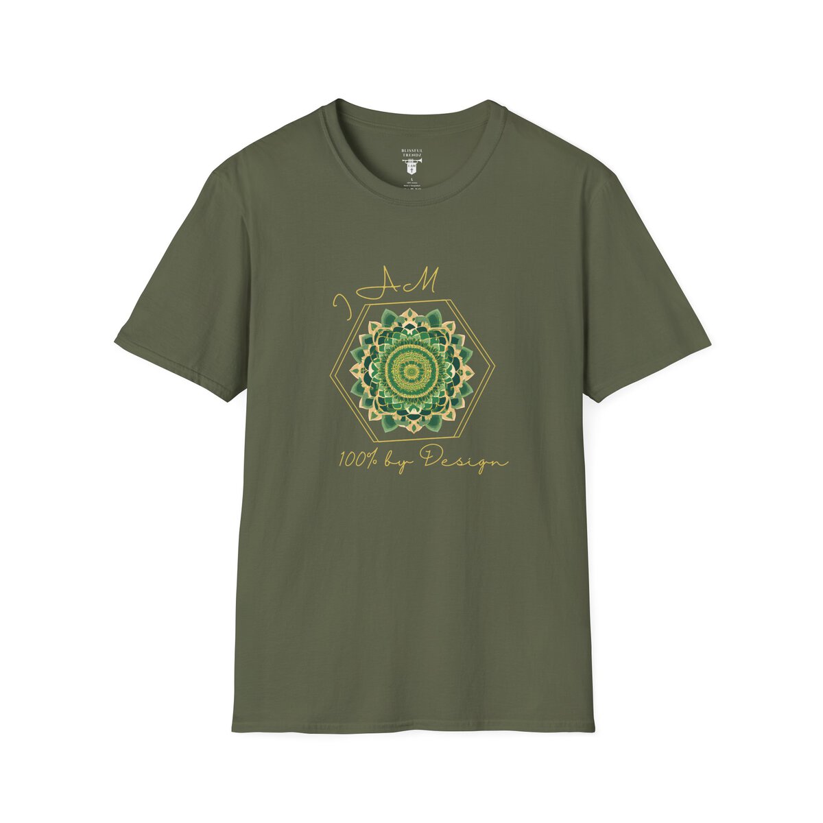 I AM 100% by Design - GRN/GLD - MNDLA - Unisex Softstyle T-Shirt - Image 10