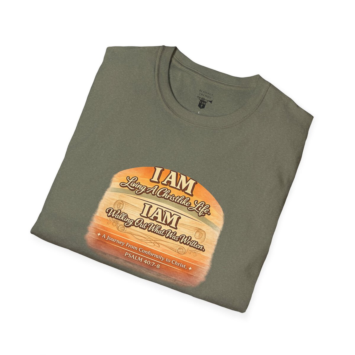 I AM Living A Christlike Life. I AM Walking Out What Was Written. A Journey From Conformity to Christ. - PSALM 40:7-8 - Scroll - Retro Sunset Grad - Unisex Softstyle T-Shirt - Image 30
