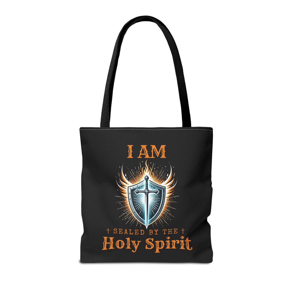 I AM Sealed By The Holy Spirit - Shield W/CROSS - BLK - Tote Bag (AOP) - Image 4