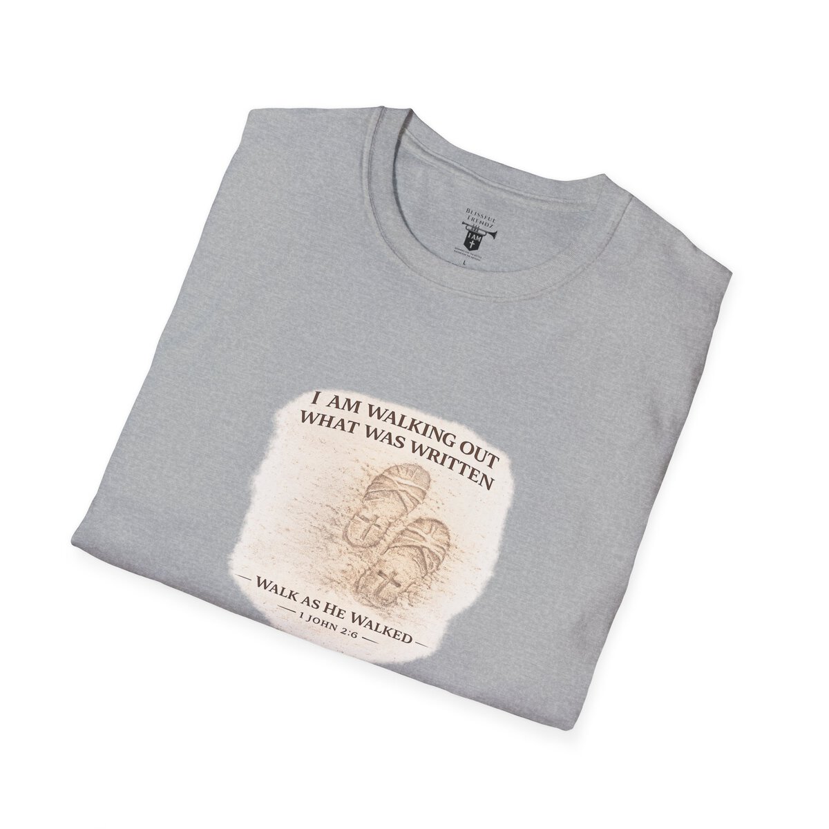 I AM WALKING OUT WHAT WAS WRITTEN - WALK AS HE WALKED - 1 JOHN 2:6 - IMPRINT OF SANDALS W/CROSS - WHT WSHD - Unisex Softstyle T-Shirt - Image 15