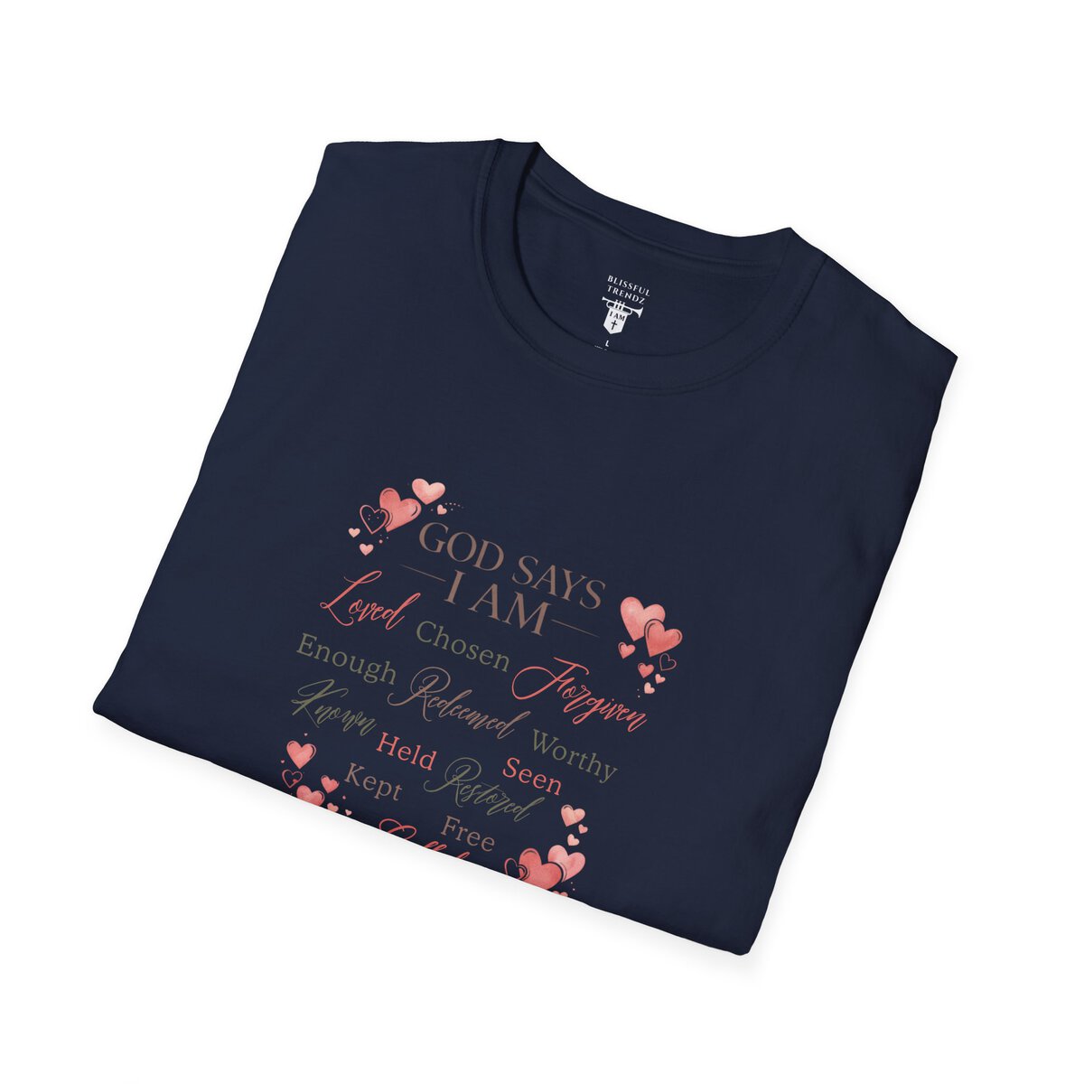 God Says I AM Word Cloud - Heart Motif - Unisex Softstyle T-Shirt - Image 36