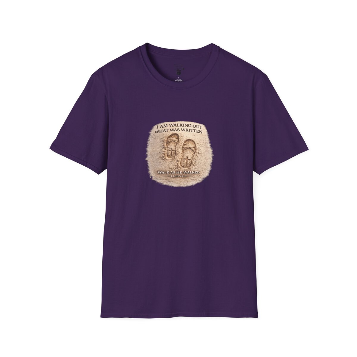 I AM WALKING OUT WHAT WAS WRITTEN - WALK AS HE WALKED - 1 JOHN 2:6 - IMPRINT OF SANDALS W/CROSS - MNCHRM - Unisex Softstyle T-Shirt - Image 43