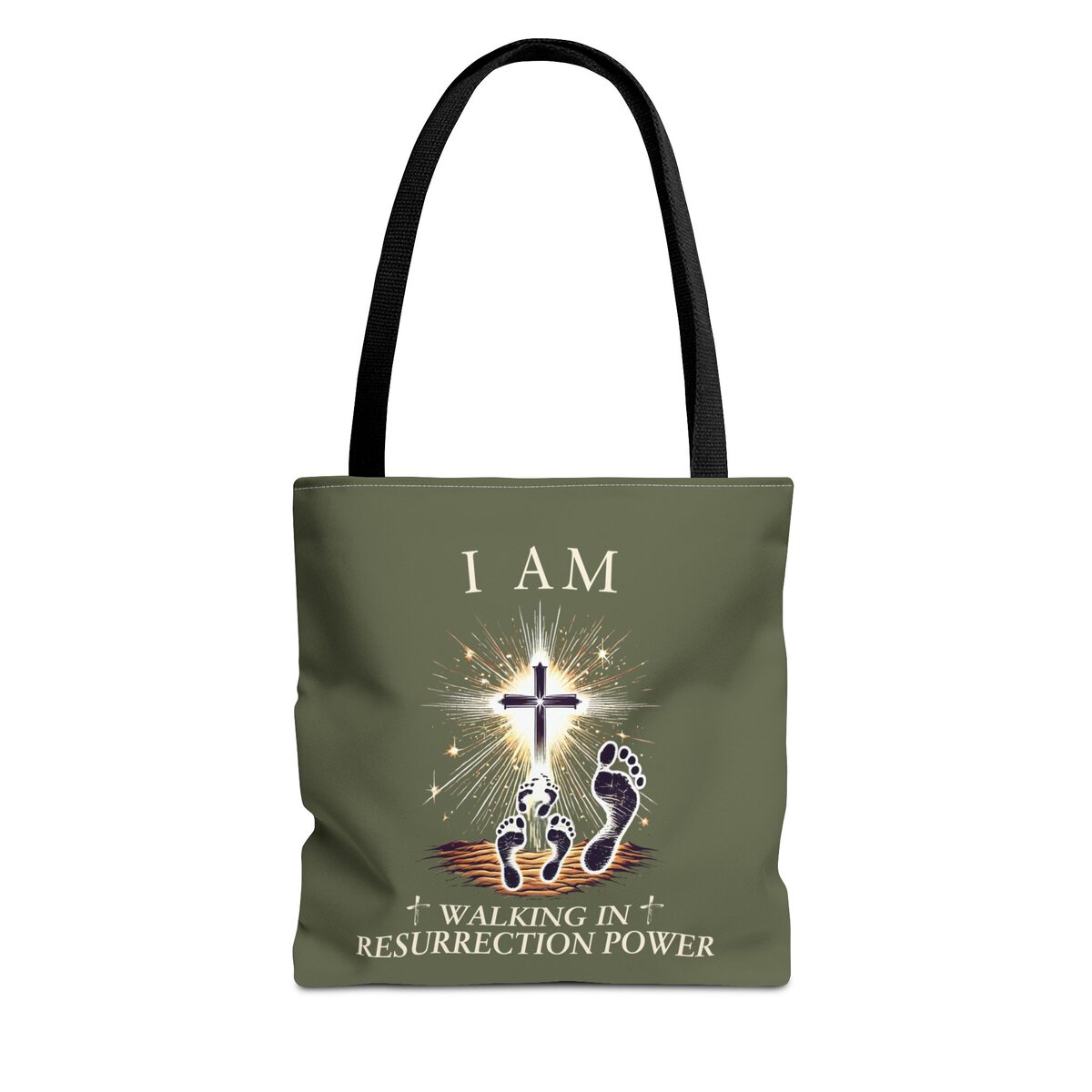 I AM Walking In Resurrection Power - Footprints - MLT GRN - Tote Bag (AOP) - Image 3