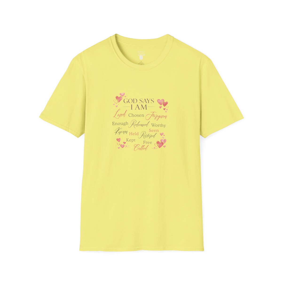 God Says I AM Word Cloud - Heart Motif - Unisex Softstyle T-Shirt