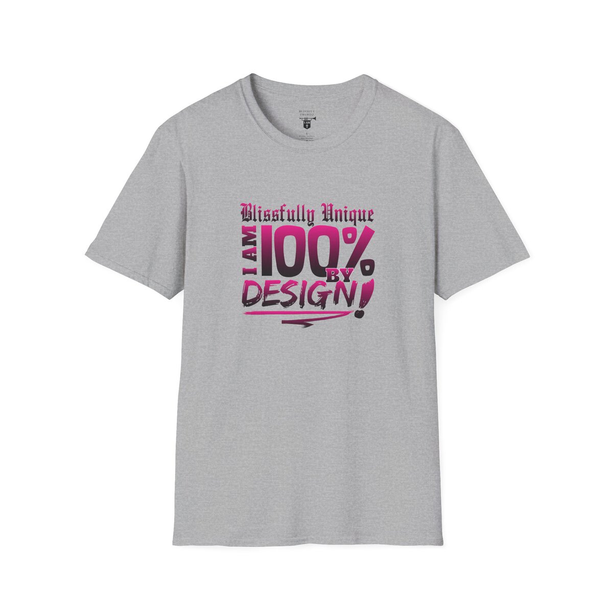 Blissfully Unique - I AM 100% by Design - Typography - DRK PNK - Unisex Softstyle T-Shirt - Image 10