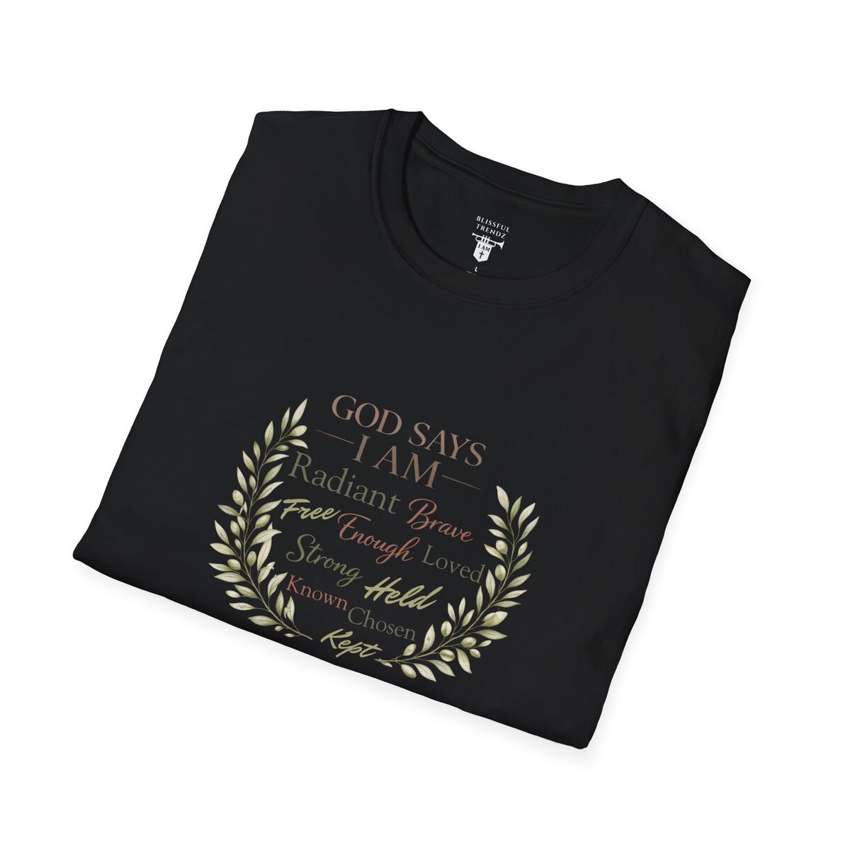God Says I AM Word Cloud - Olive Branch Motif - Unisex Softstyle T-Shirt - Image 9