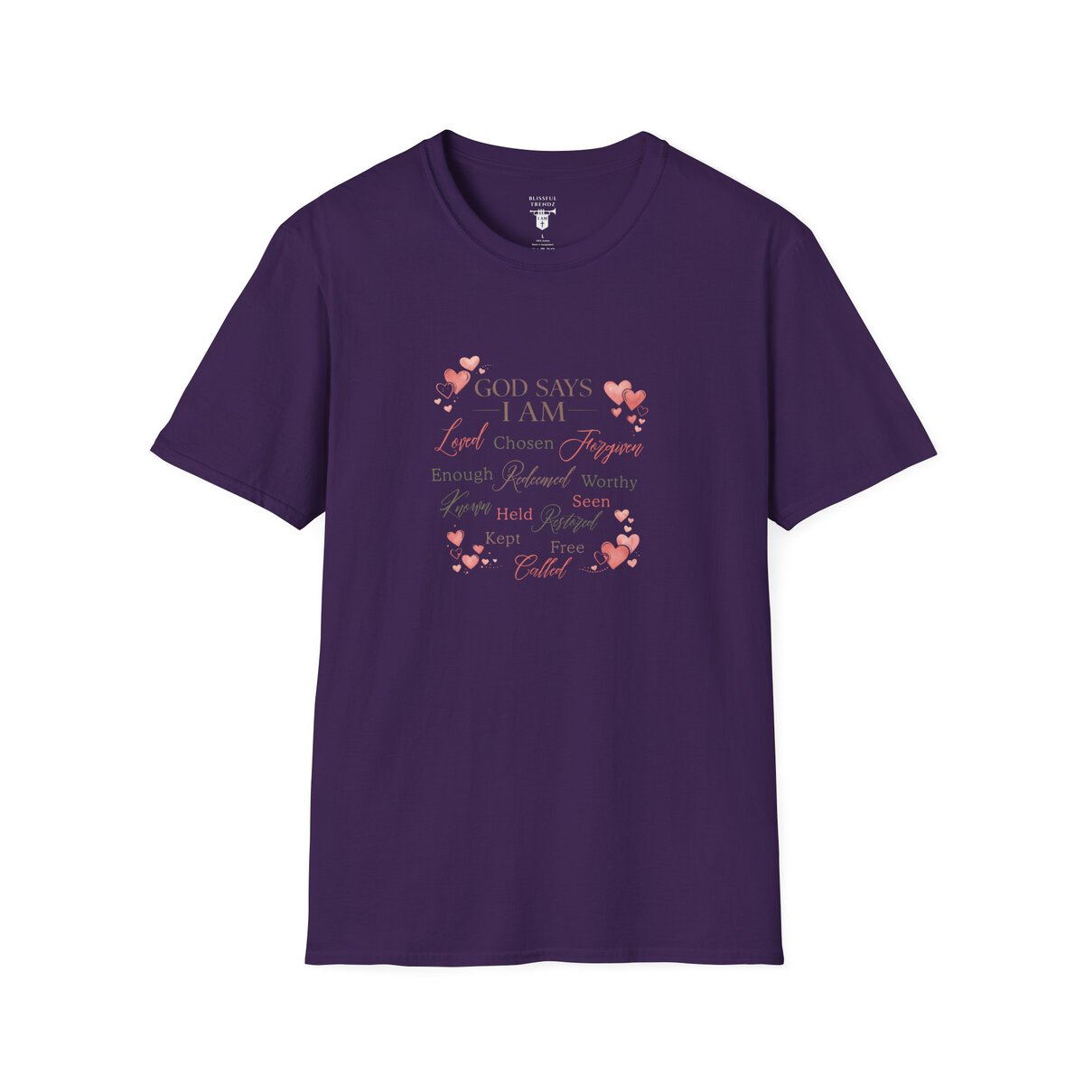 God Says I AM Word Cloud - Heart Motif - Unisex Softstyle T-Shirt - Image 37
