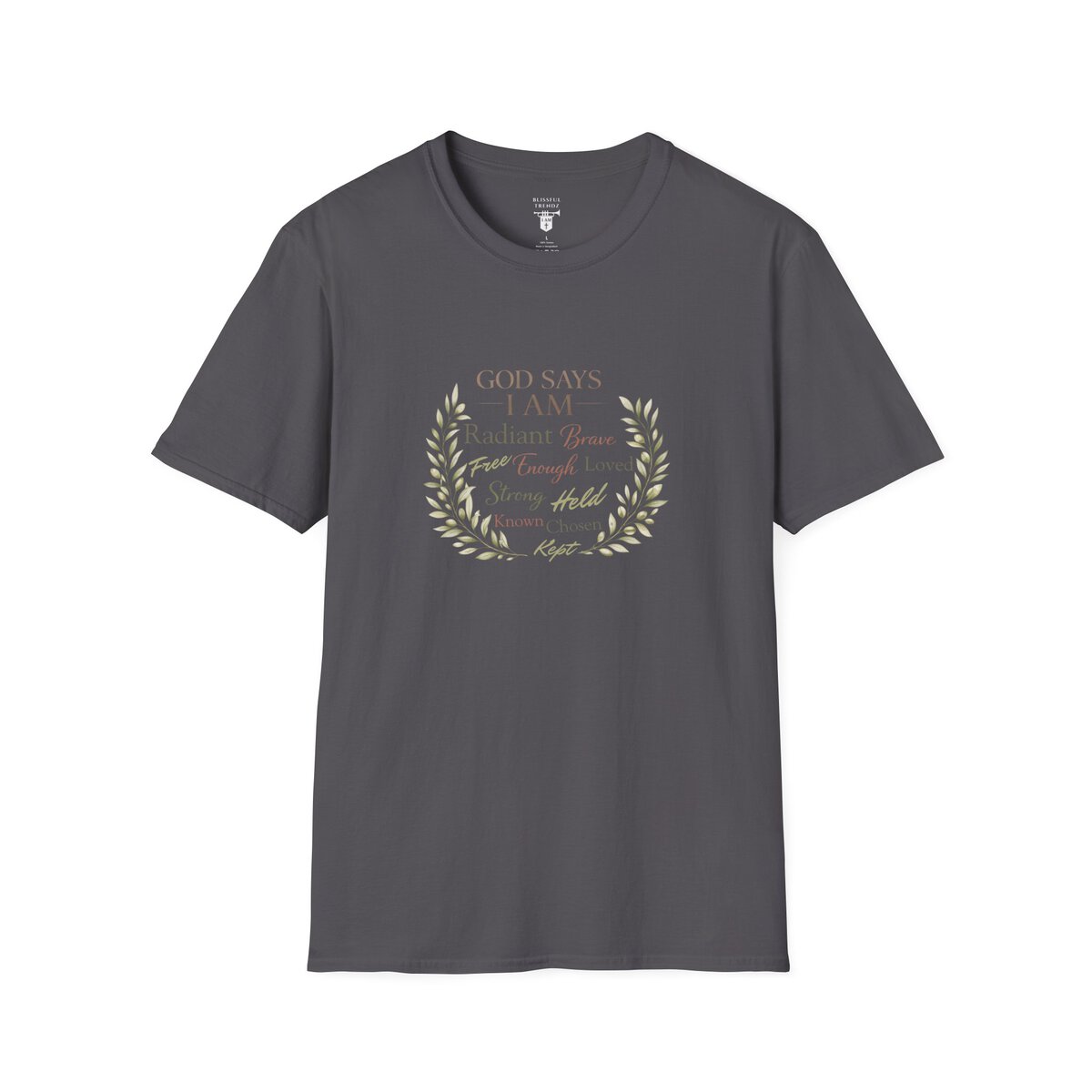 God Says I AM Word Cloud - Olive Branch Motif - Unisex Softstyle T-Shirt - Image 22