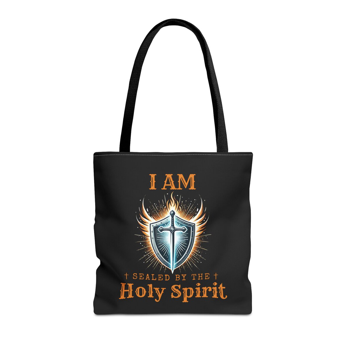 I AM Sealed By The Holy Spirit - Shield W/CROSS - BLK - Tote Bag (AOP) - Image 3