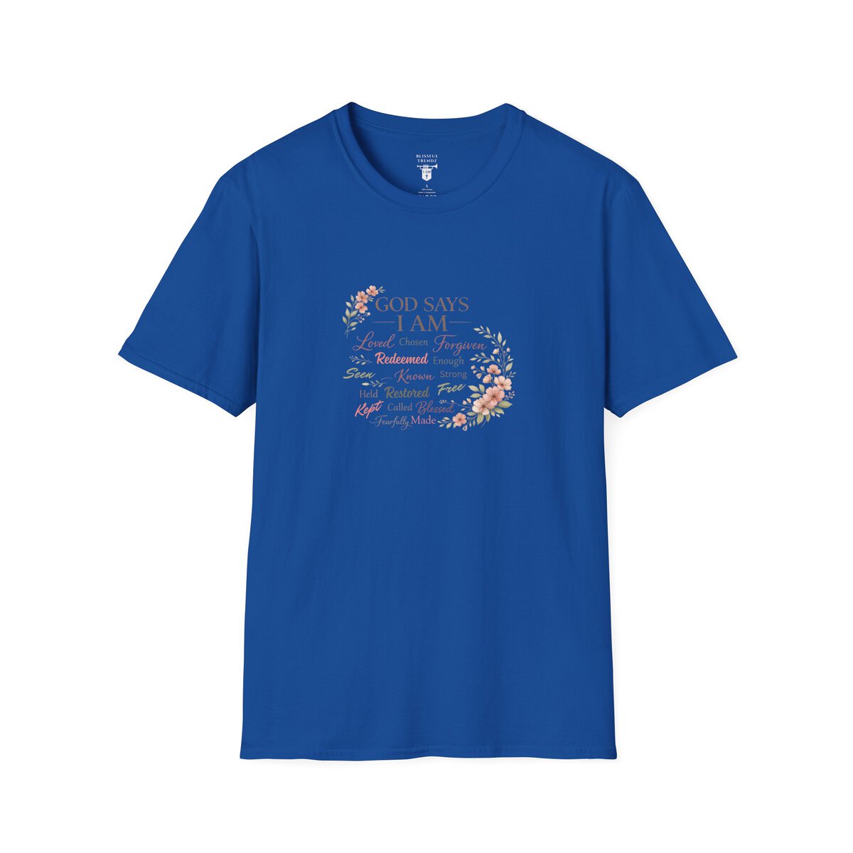 God Says I AM Word Cloud - Floral Motif - Unisex Softstyle T-Shirt - Image 16
