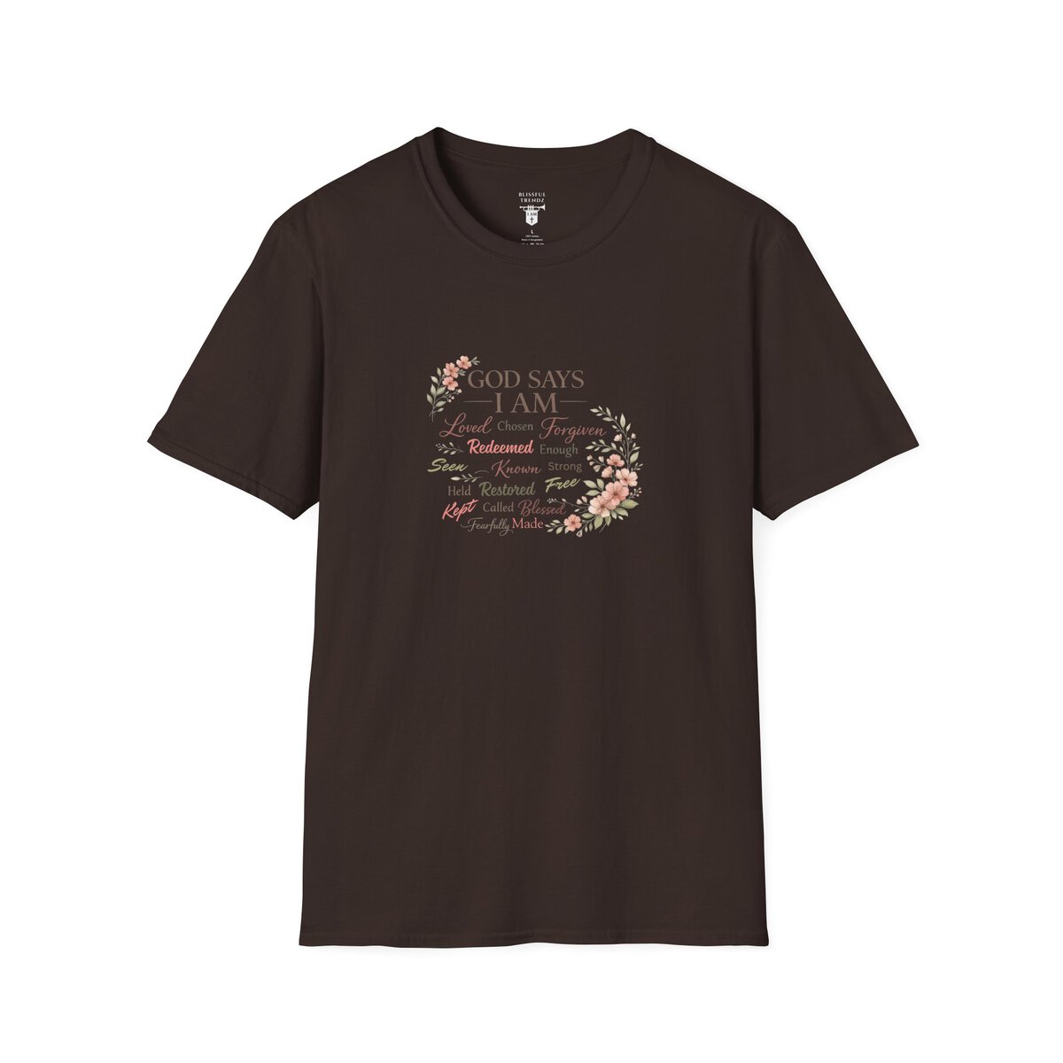 God Says I AM Word Cloud - Floral Motif - Unisex Softstyle T-Shirt - Image 10