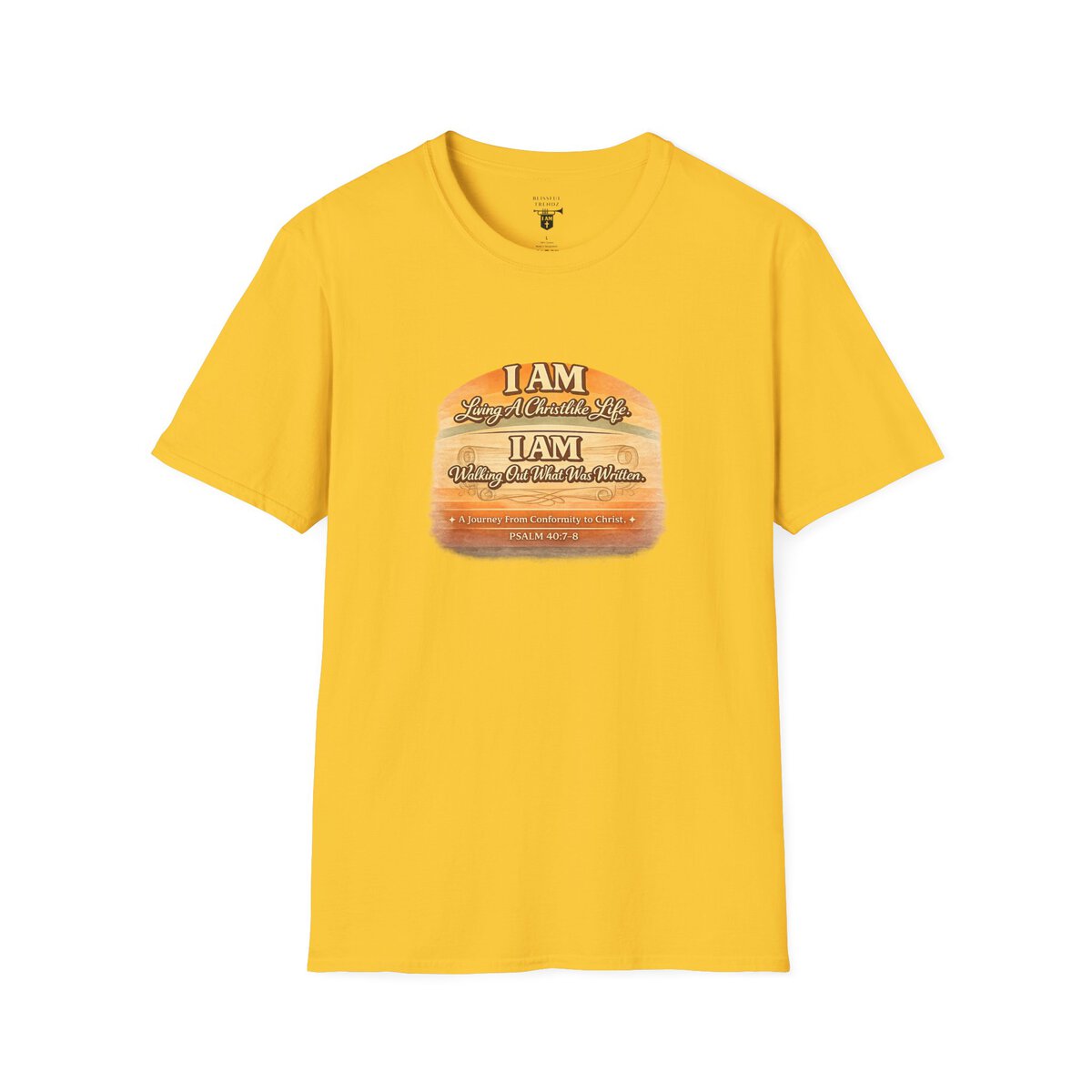 I AM Living A Christlike Life. I AM Walking Out What Was Written. A Journey From Conformity to Christ. - PSALM 40:7-8 - Scroll - Retro Sunset Grad - Unisex Softstyle T-Shirt - Image 25