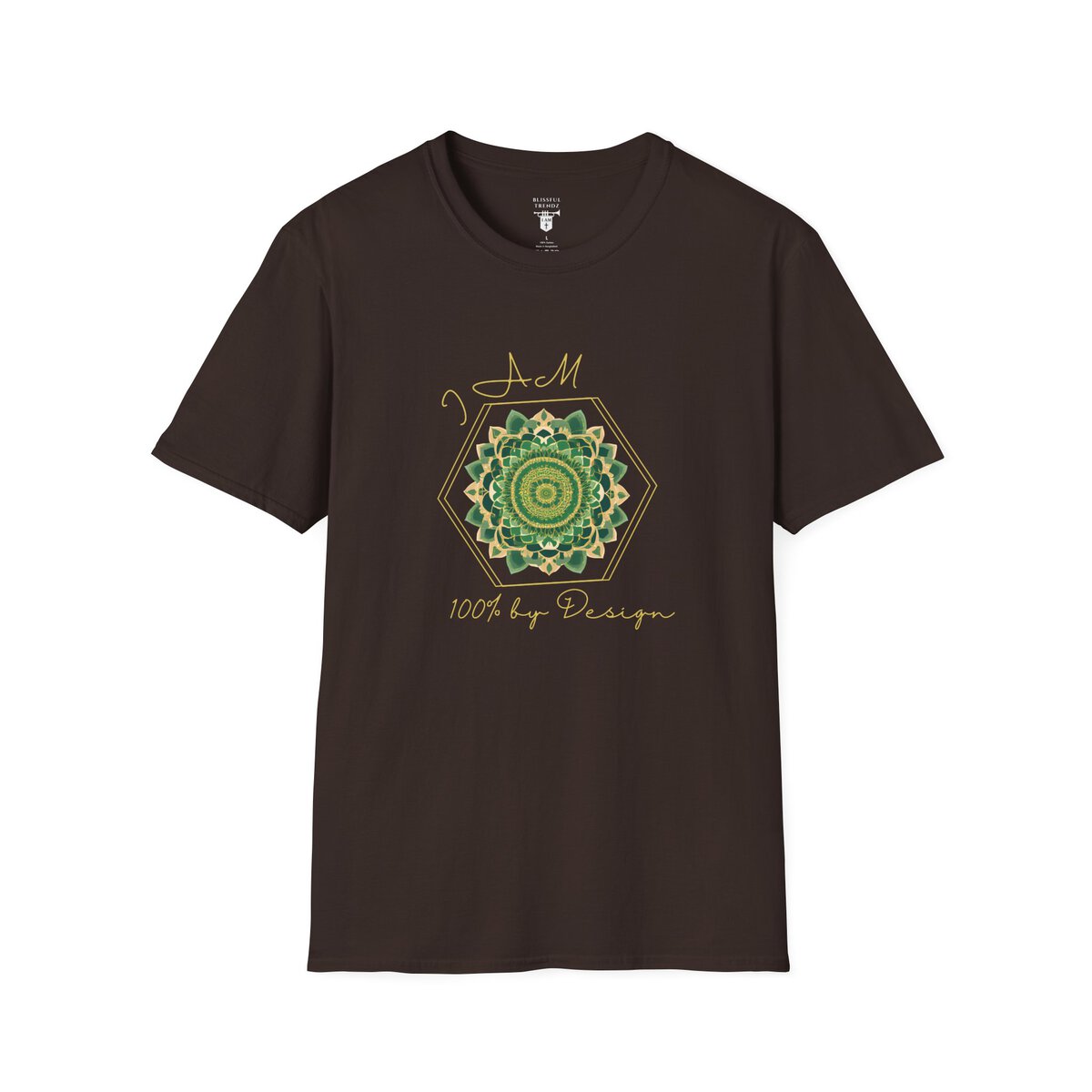 I AM 100% by Design - GRN/GLD - MNDLA - Unisex Softstyle T-Shirt - Image 7