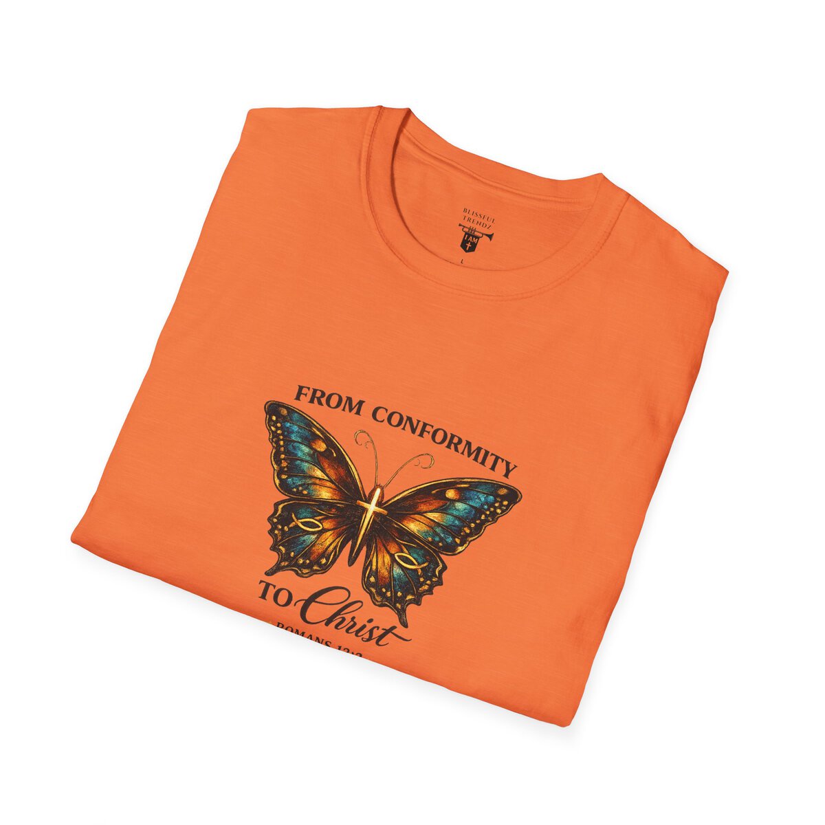 FROM CONFORMITY TO CHRIST - ROMANS 12:2 - BUTTERFLY - Unisex Softstyle T-Shirt - Image 9