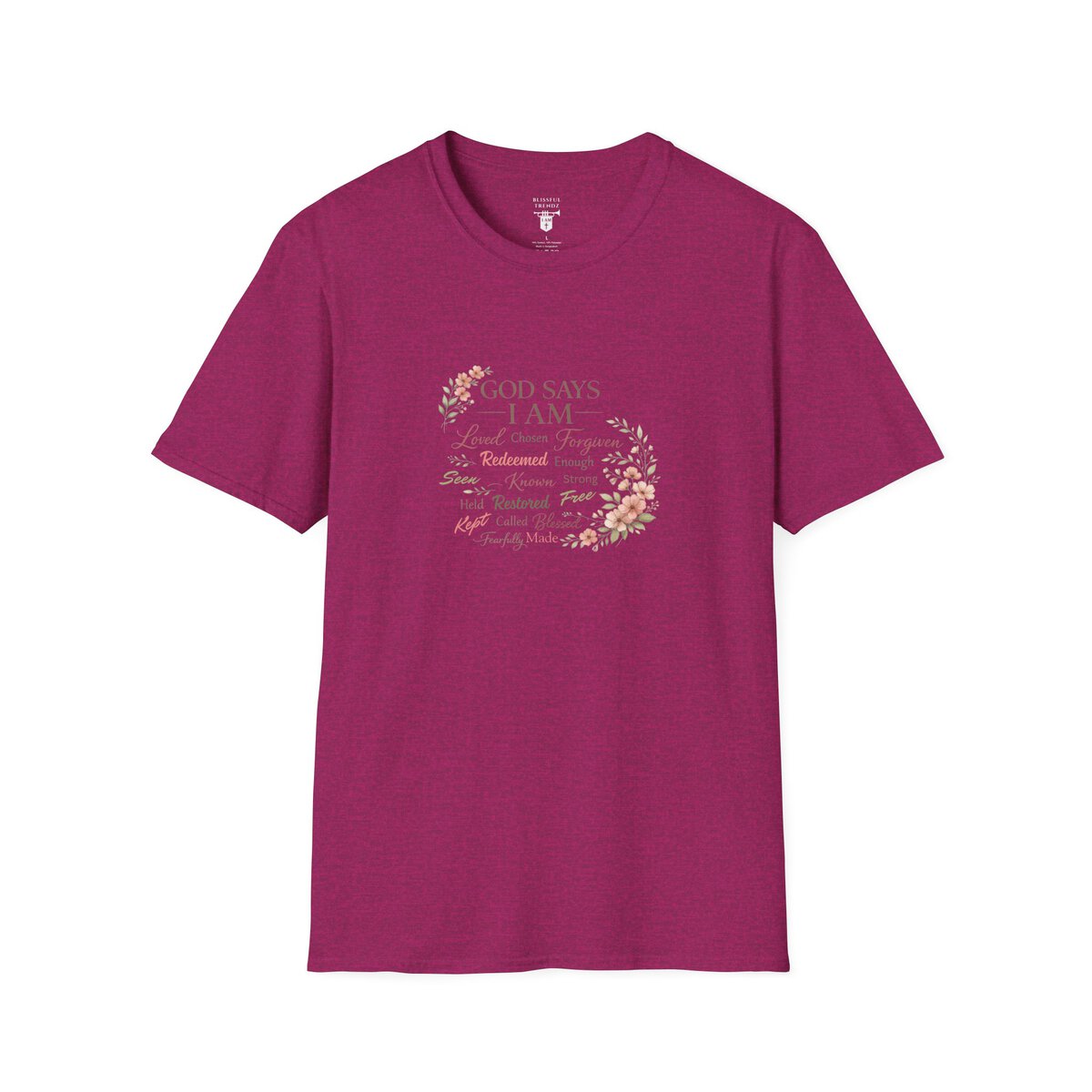 God Says I AM Word Cloud - Floral Motif - Unisex Softstyle T-Shirt - Image 28