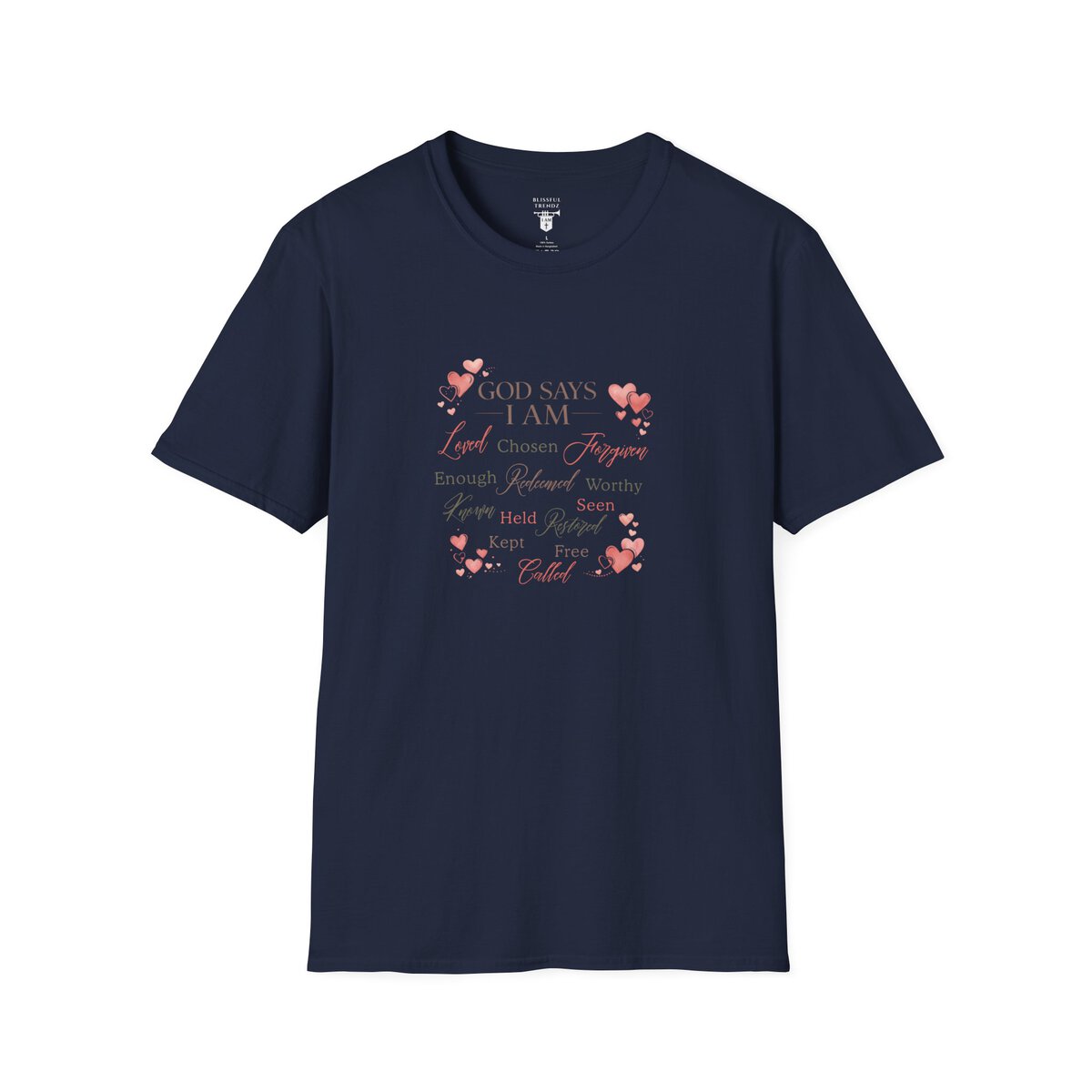 God Says I AM Word Cloud - Heart Motif - Unisex Softstyle T-Shirt - Image 34