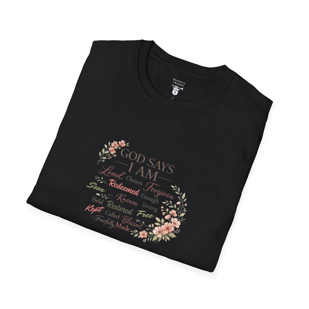 God Says I AM Word Cloud - Floral Motif - Unisex Softstyle T-Shirt - Image 9
