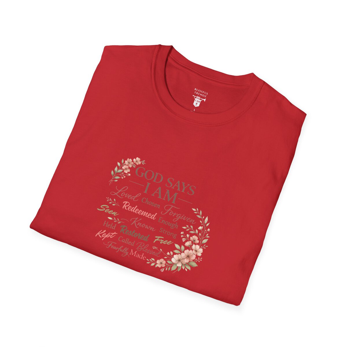 God Says I AM Word Cloud - Floral Motif - Unisex Softstyle T-Shirt - Image 33