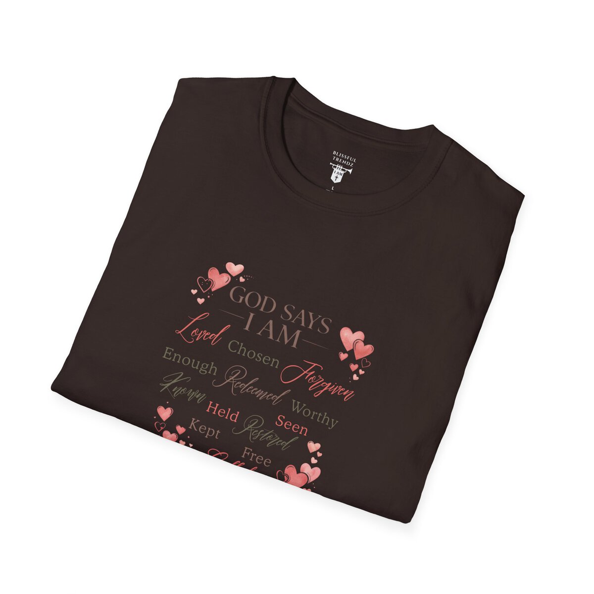 God Says I AM Word Cloud - Heart Motif - Unisex Softstyle T-Shirt - Image 18