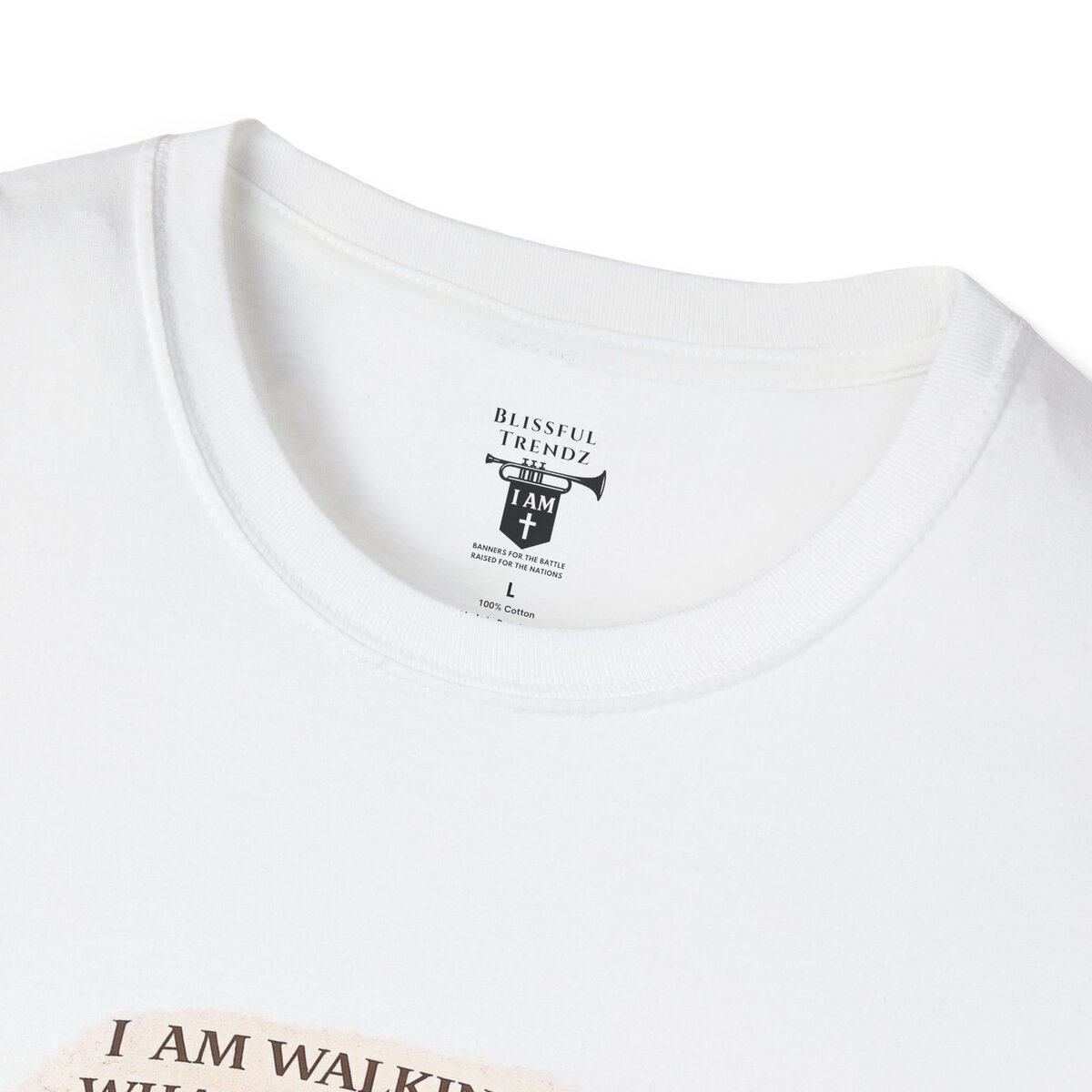 I AM WALKING OUT WHAT WAS WRITTEN - WALK AS HE WALKED - 1 JOHN 2:6 - IMPRINT OF SANDALS W/CROSS - WHT WSHD - Unisex Softstyle T-Shirt - Image 5