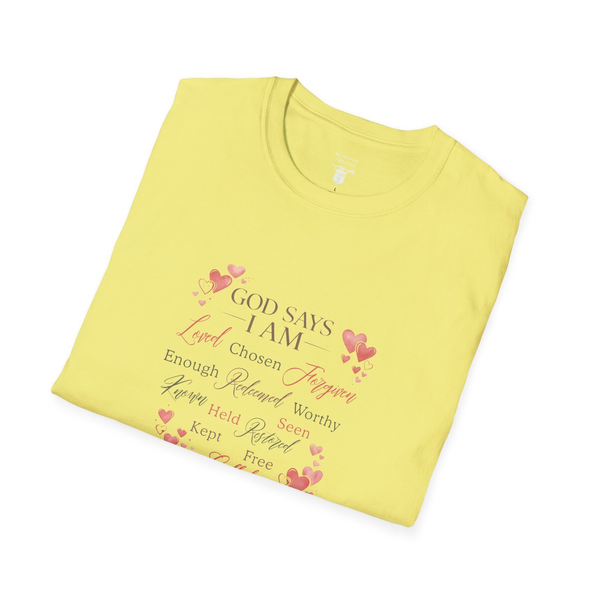 God Says I AM Word Cloud - Heart Motif - Unisex Softstyle T-Shirt - Image 3