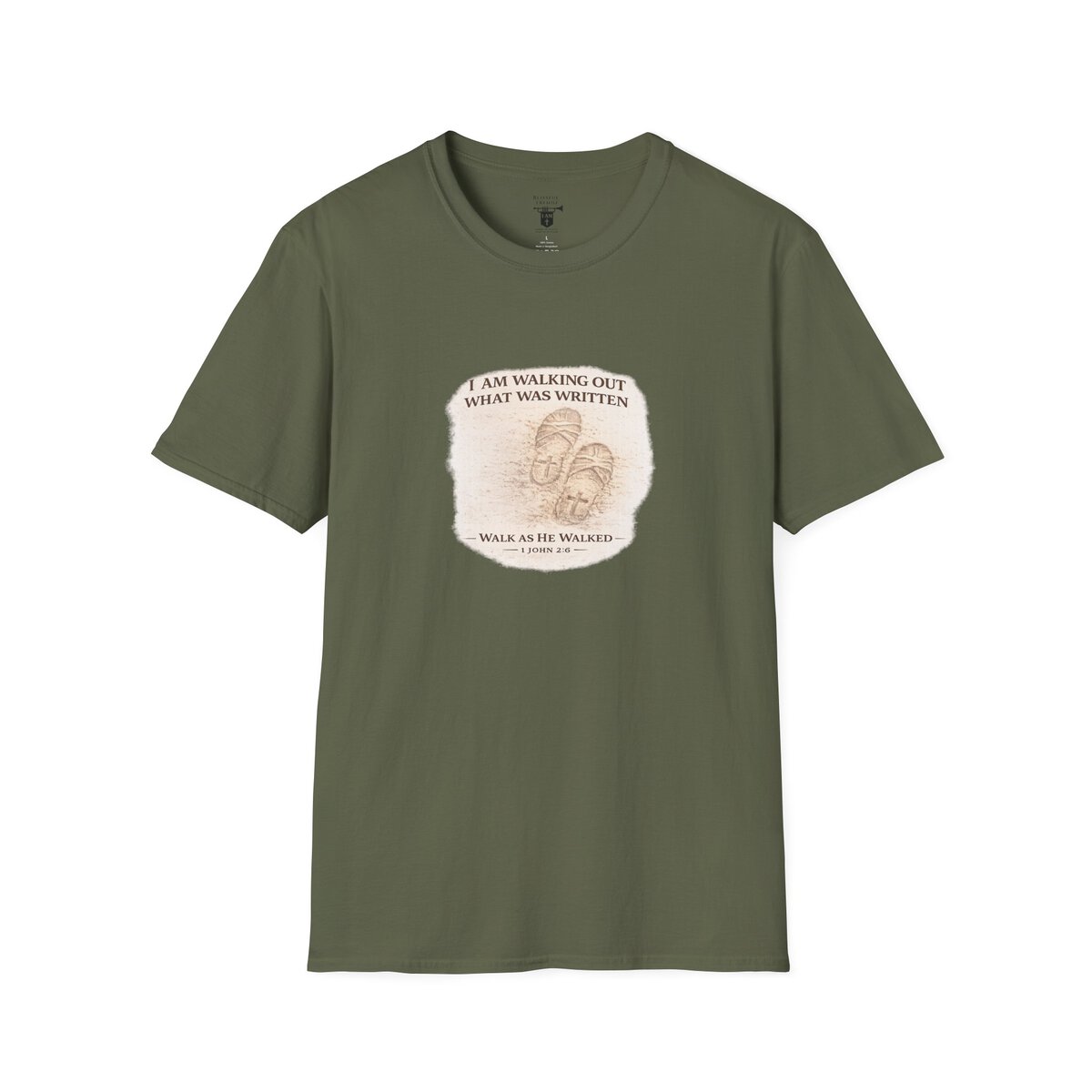 I AM WALKING OUT WHAT WAS WRITTEN - WALK AS HE WALKED - 1 JOHN 2:6 - IMPRINT OF SANDALS W/CROSS - WHT WSHD - Unisex Softstyle T-Shirt - Image 22