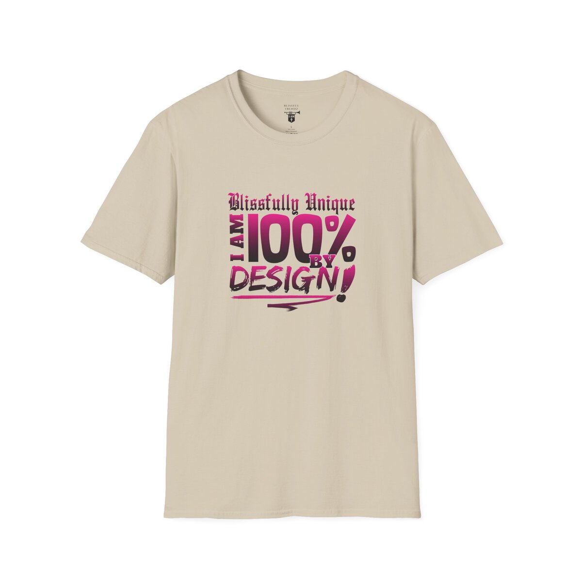Blissfully Unique - I AM 100% by Design - Typography - DRK PNK - Unisex Softstyle T-Shirt - Image 7