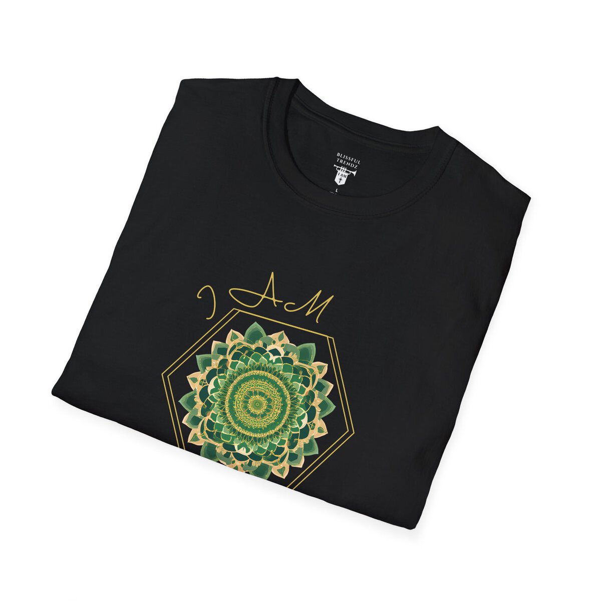 I AM 100% by Design - GRN/GLD - MNDLA - Unisex Softstyle T-Shirt - Image 6