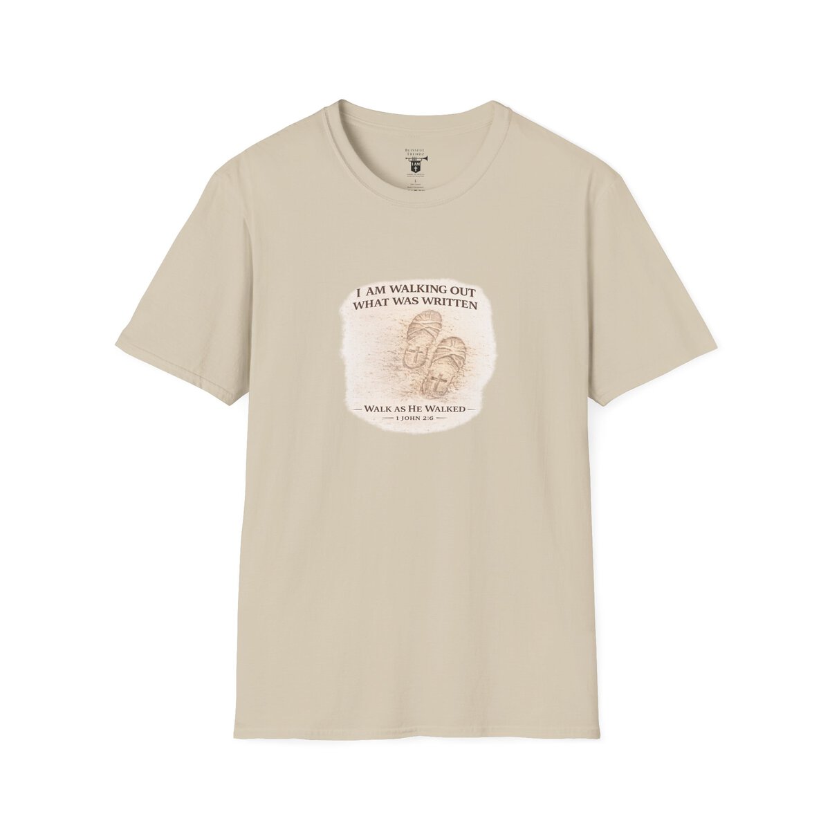 I AM WALKING OUT WHAT WAS WRITTEN - WALK AS HE WALKED - 1 JOHN 2:6 - IMPRINT OF SANDALS W/CROSS - WHT WSHD - Unisex Softstyle T-Shirt - Image 10