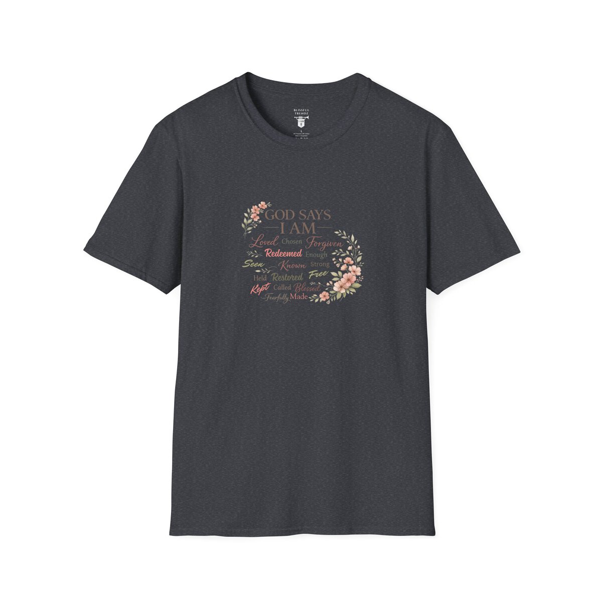 God Says I AM Word Cloud - Floral Motif - Unisex Softstyle T-Shirt - Image 22